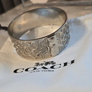 Coach Signature C Logo Wide 2" Bangle with Rivet Accents Silvertone